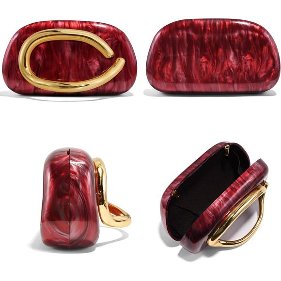 Women\'s Red Marble Formal Evening Trendy Clutch Metal Shoulder Strap Handle Bags